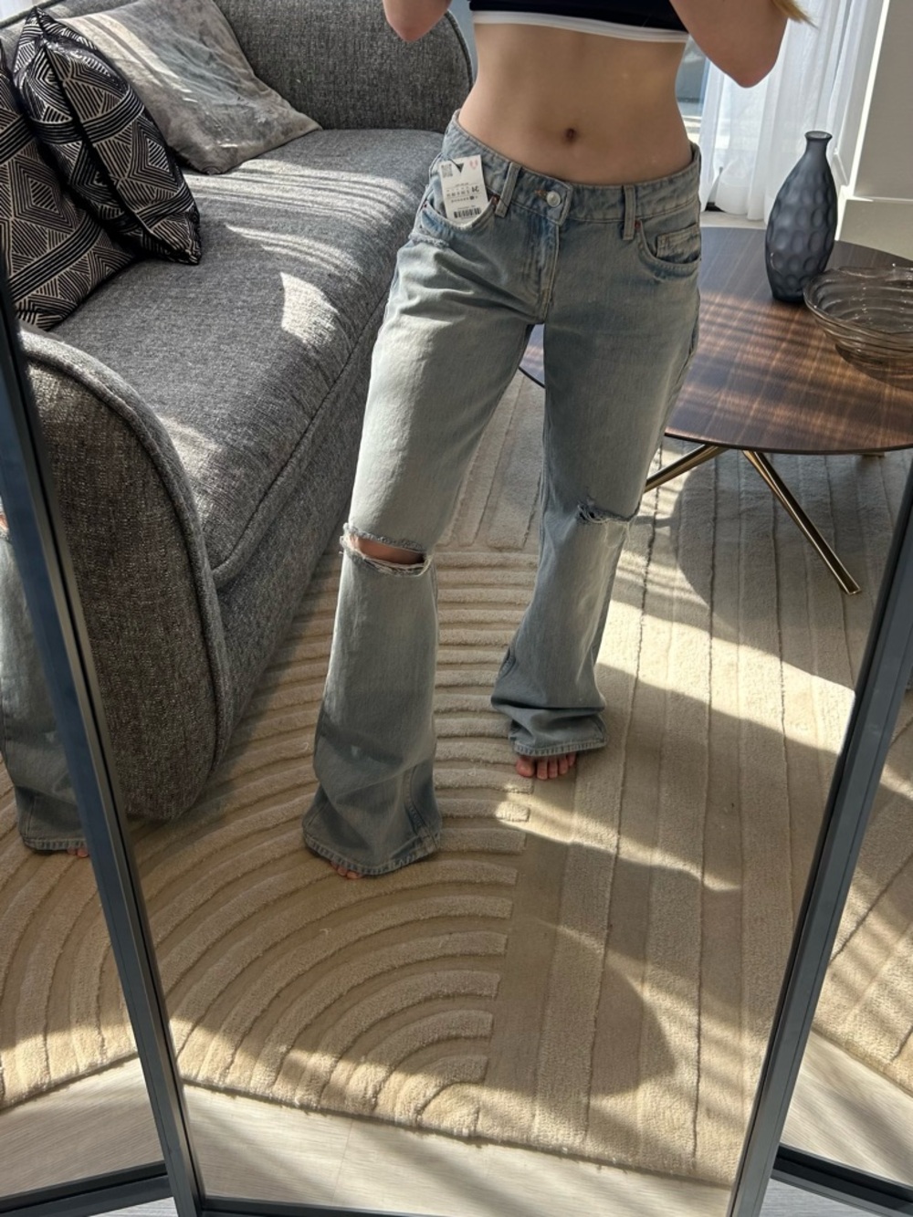 Zara Light Wash Distressed wide leg low rise Jeans